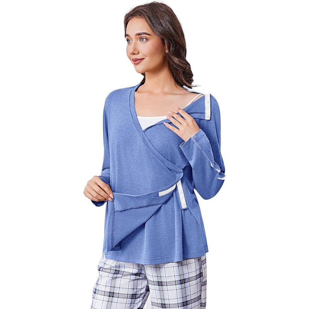Women's Post-Surgery Wrap Shirt Long Sleeve V-Neck Snap Closure Chemo Adaptive